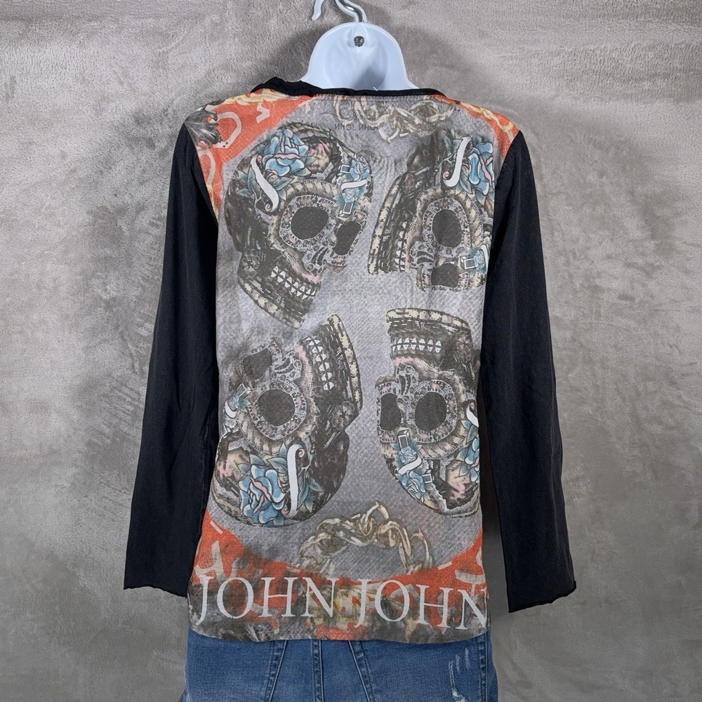 John John Top Womens Size P‎ Black Skull Graphic Mesh Long Sleeve Y2K